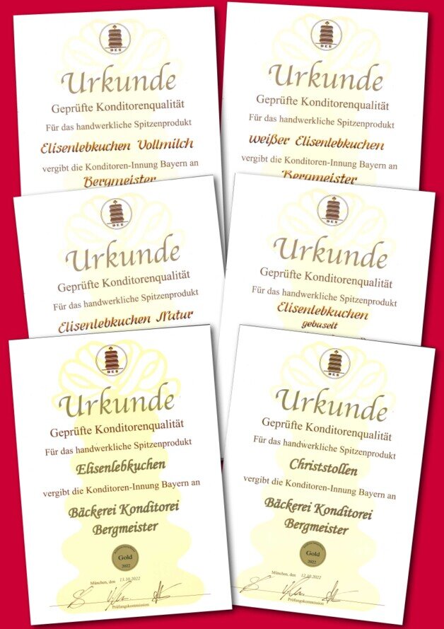 5 mal GOLD für unsere Elisenlebkuchen und 1 mal für Stollen Konditoreninnung zeichnet BERGMEISTER Elisenlebkuchen und Stollen aus