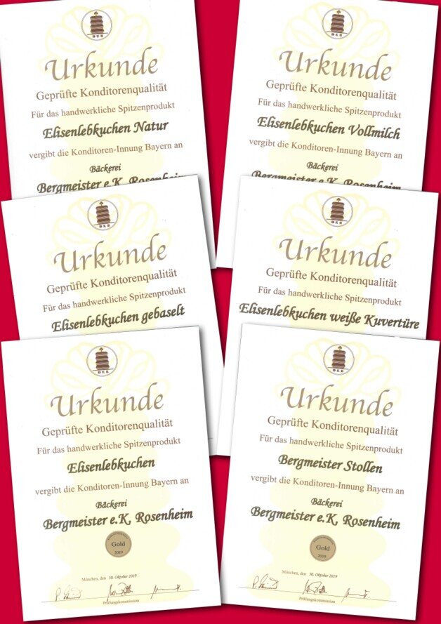 5 mal GOLD für unsere Elisenlebkuchen und 1 mal für Stollen Konditoreninnung zeichnet BERGMEISTER Elisenlebkuchen und Stollen aus